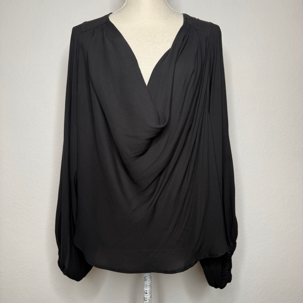 Free People Slouchy Blouse Black Cowl Drape Balloon Sleeve Polyester Size S - Picture 1 of 7